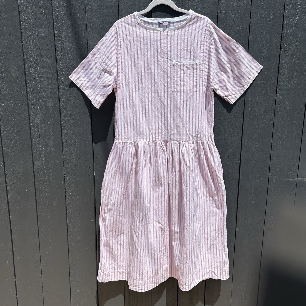 VTG Nantucket Red Brand Stripe Cottage Shift Dress 12 Coastal Prairie Midi USA